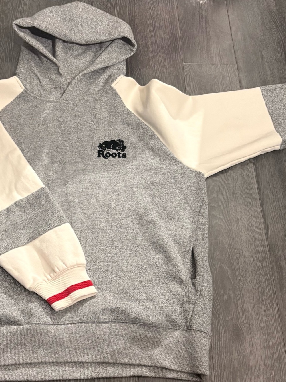 Roots Gray and Cream Hooded Sweatshirt with Red Stripe Detail